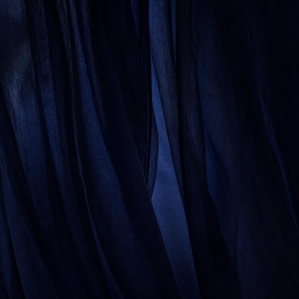 Blue curtains parting at a threshold